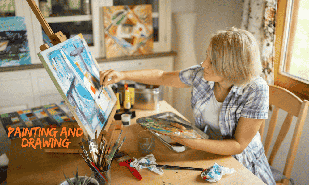 A retired woman enjoying painting and drawing as part of her creative retirement hobbies
