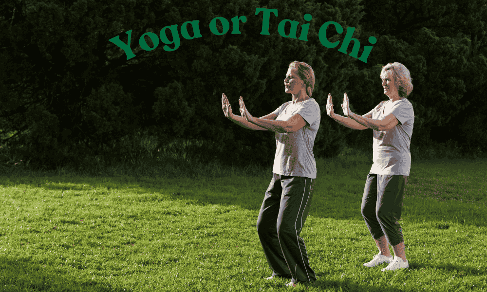 An older women practicing yoga and tai chi in a peaceful outdoor park setting