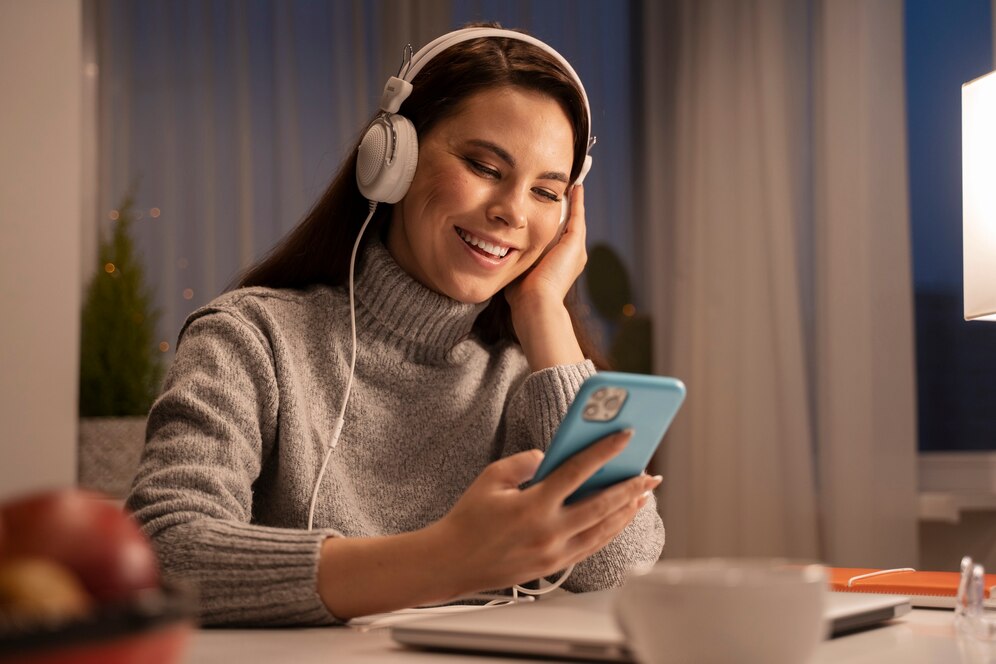 "Listening to Podcasts – a great hobby for women to learn, relax, and stay inspired with engaging audio content."
