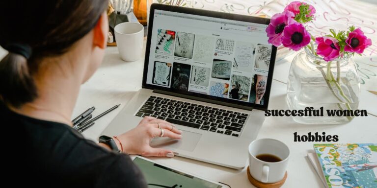 A successful woman browsing creative hobby ideas on her laptop at a well-organized desk with coffee, flowers, and tools, symbolizing modern and productive hobbies.
