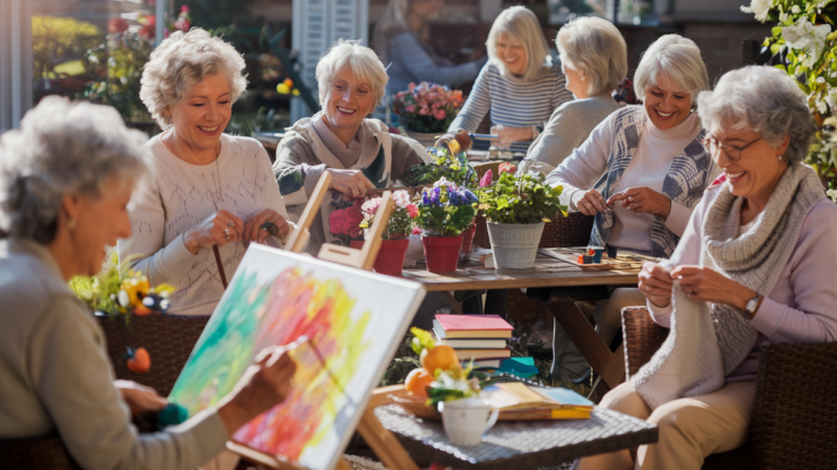 "Elderly woman enjoying a relaxing hobby, such as knitting, painting, or gardening."