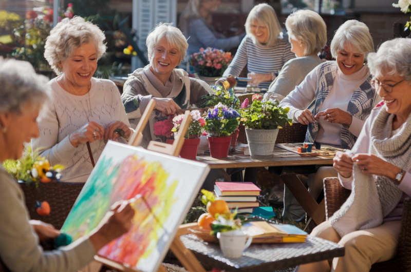 "Elderly woman enjoying a relaxing hobby, such as knitting, painting, or gardening."