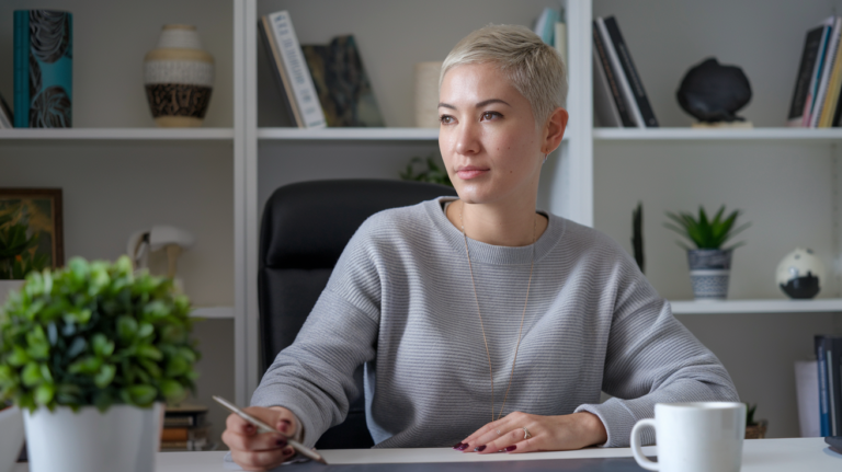 Classy woman sitting confidently in a stylish office, dressed elegantly and working on a laptop or reading documents."