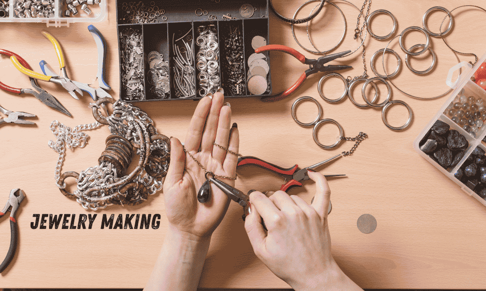 A woman in her 40s creating handmade jewelry as a relaxing hobby.