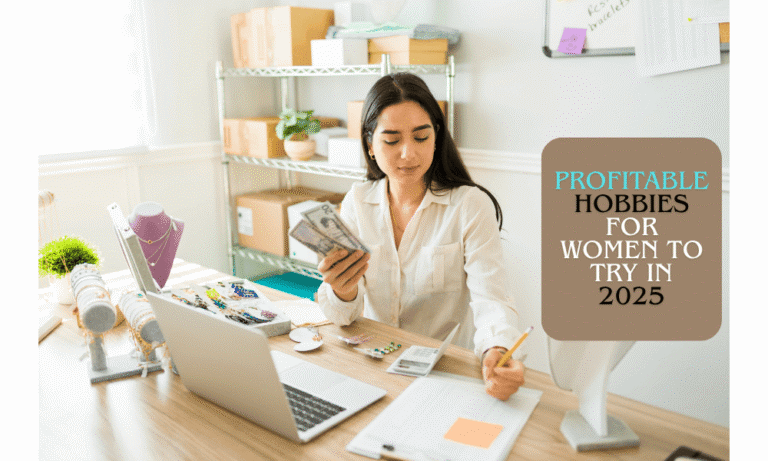 Illustration of women engaged in creative and profitable activities — top hobbies for women that can make money in 2025.