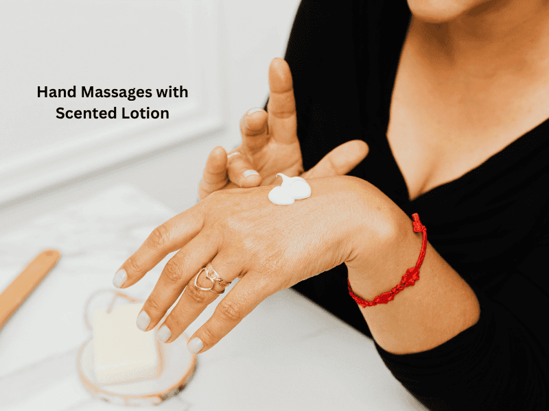 young woman receiving a gentle hand massage with scented lotion, enjoying a calming sensory moment