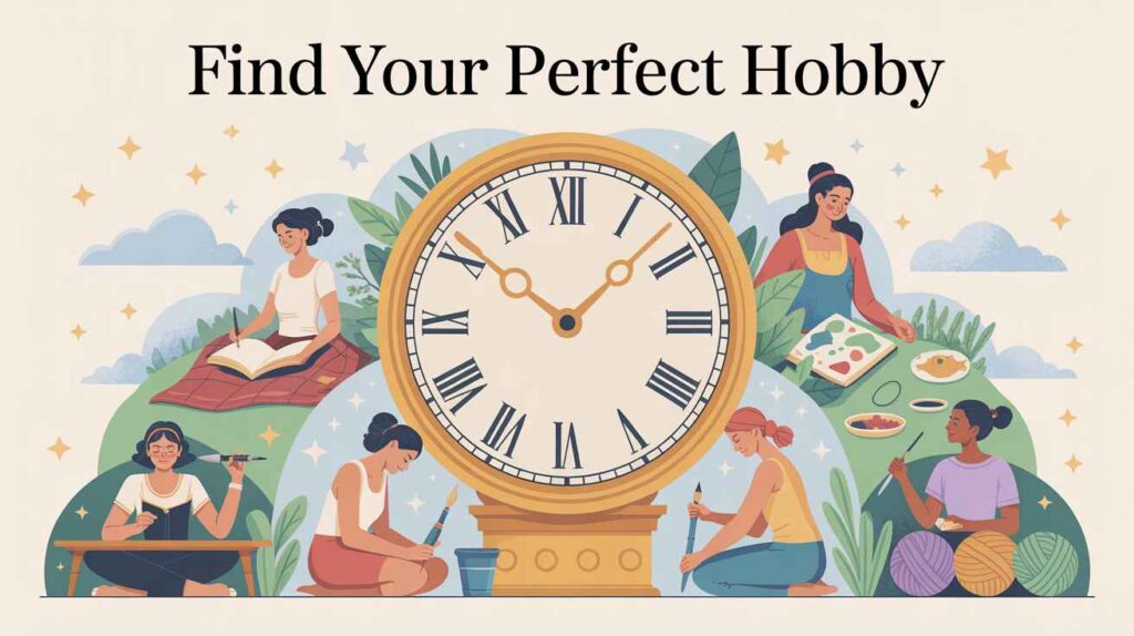 Illustration of women enjoying creative hobbies like painting, journaling, knitting, and cooking around a large vintage clock – Find Your Perfect Hobby.