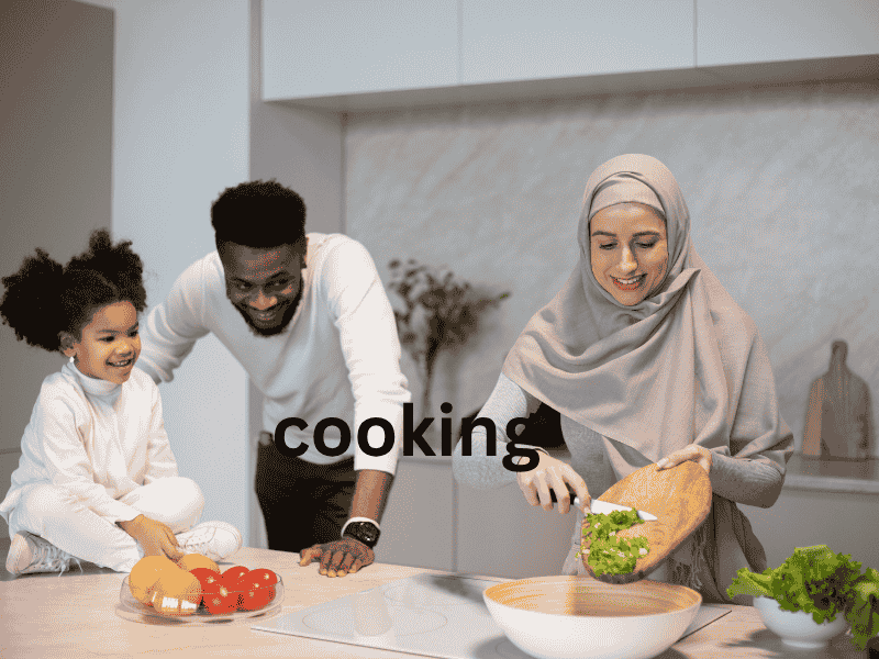 Muslim family cooking sunnah foods like dates, barley soup, and honey dishes together, bonding over Prophetic traditions in the kitchen.