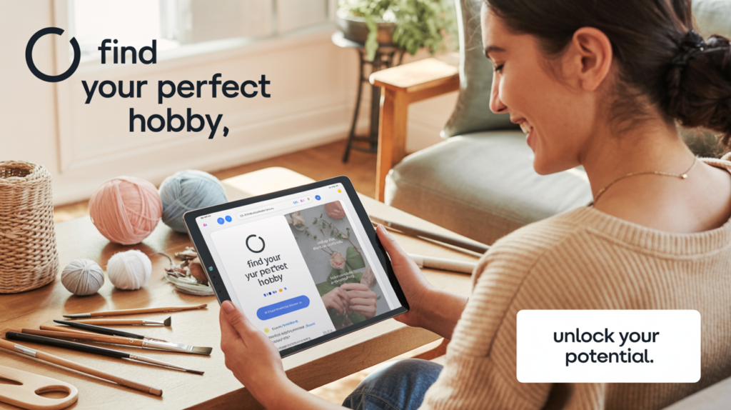 Woman taking a personality quiz on her laptop to find her perfect hobby — calm, focused atmosphere with cozy workspace.