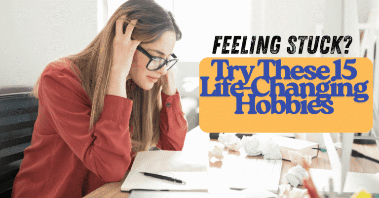 Stressed woman staring at notebook with crumpled papers around, highlighting the need for hobbies for women who feel stuck in life.