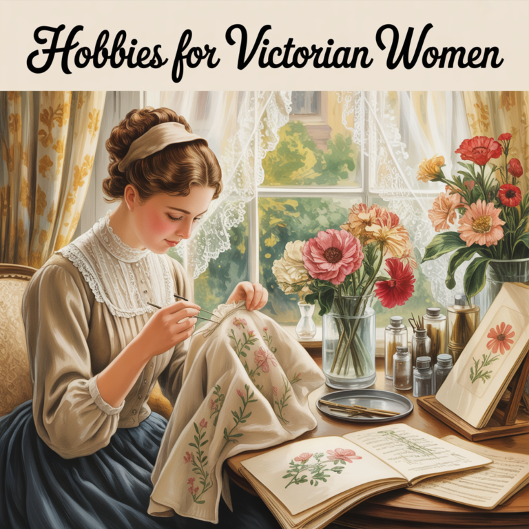 Victorian-era woman sitting by the window doing embroidery, surrounded by vintage decor – Hobbies for Victorian Women