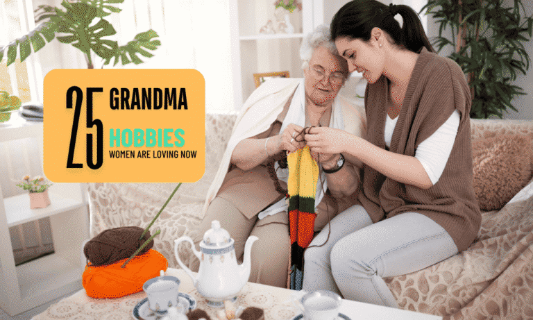 Grandma and granddaughter knitting together on a cozy couch with yarn and tea set
