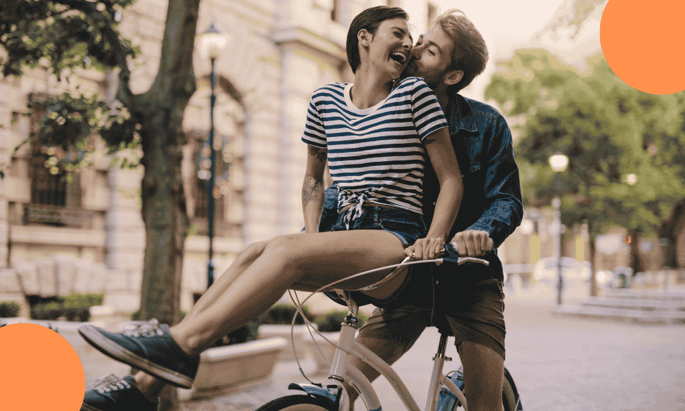 Cute couple hobbies and fun activities together, including riding a bicycle, playing games, and enjoying creative and playful moments as a pair.