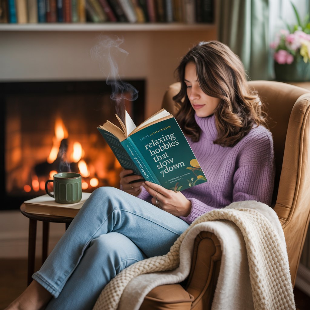 A woman relaxing with a cup of tea while reading a book, representing calming and slow-paced hobbies.