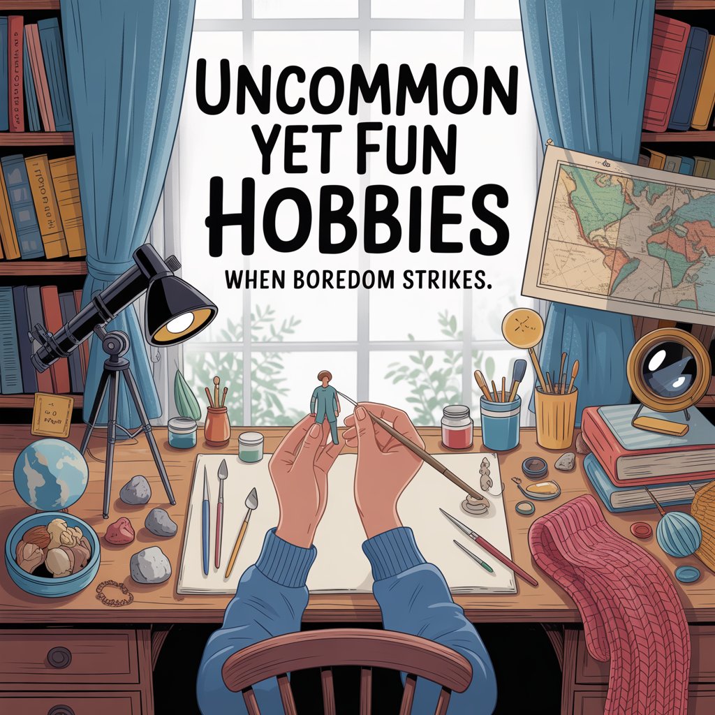 Hands painting a miniature figurine on a hobby desk surrounded by art supplies, globe, and telescope – uncommon yet fun hobbies to do when bored