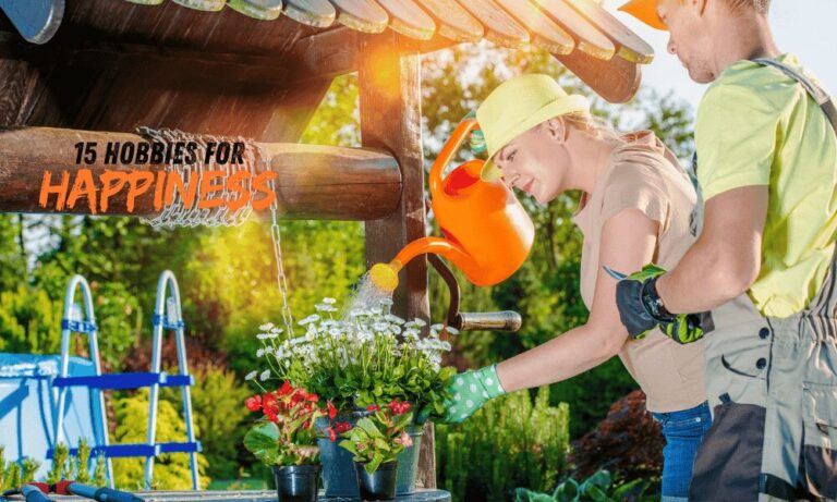 Happy couple gardening together as one of the best hobbies for happiness