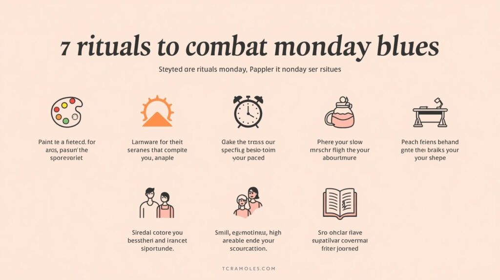 Infographic showing 7 rituals to combat Monday blues with icons of painting, sunrise, clock, tea, desk, people, and book.