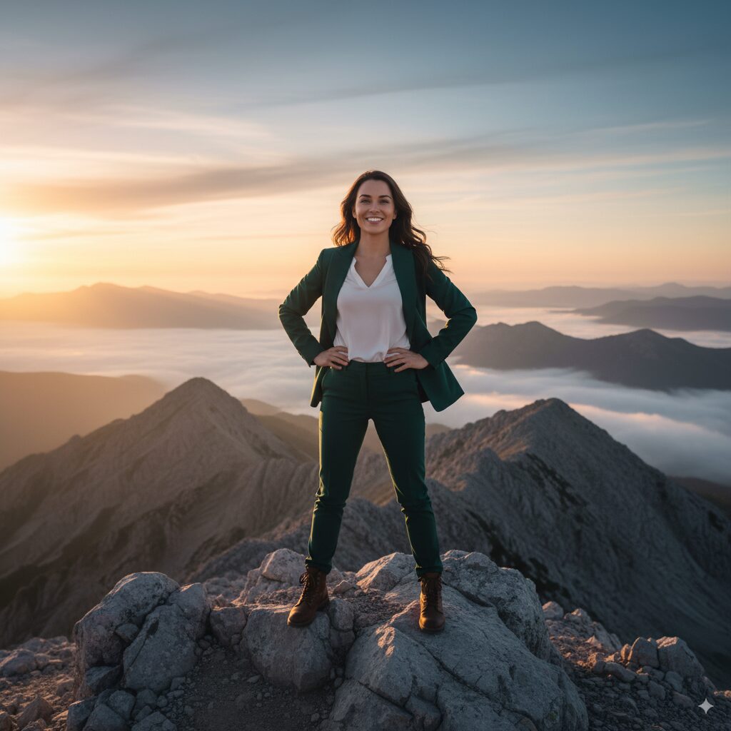Confident woman standing on a mountain peak at sunrise, symbolizing empowerment, self-worth, and inner strength