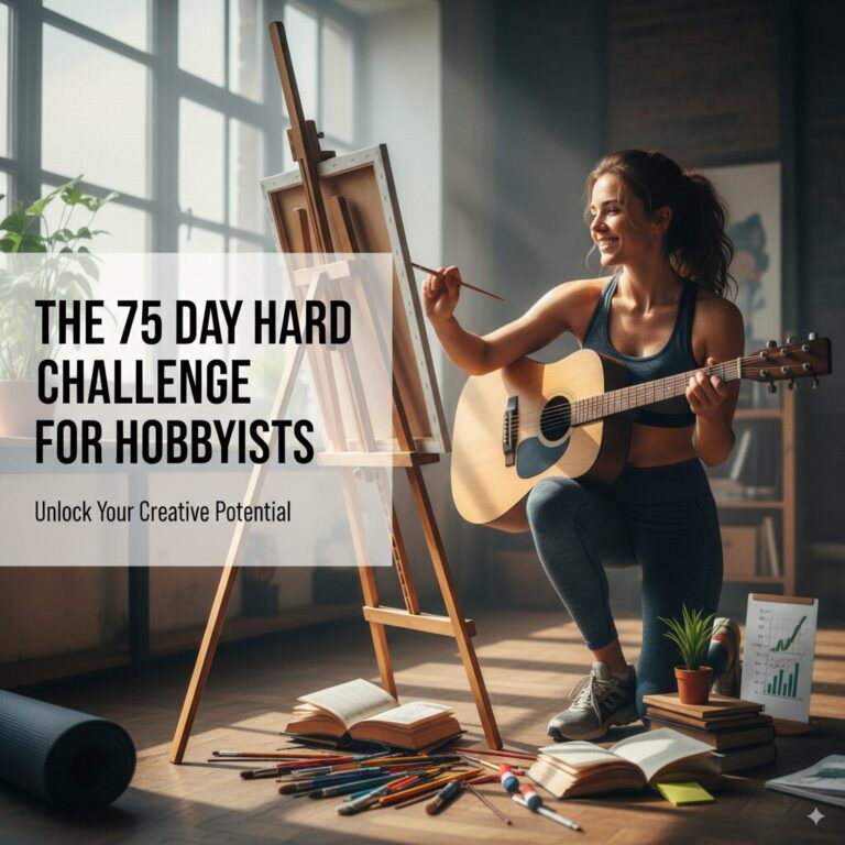 Woman painting and playing guitar during the 75 Day Hard Challenge for hobbyists.”