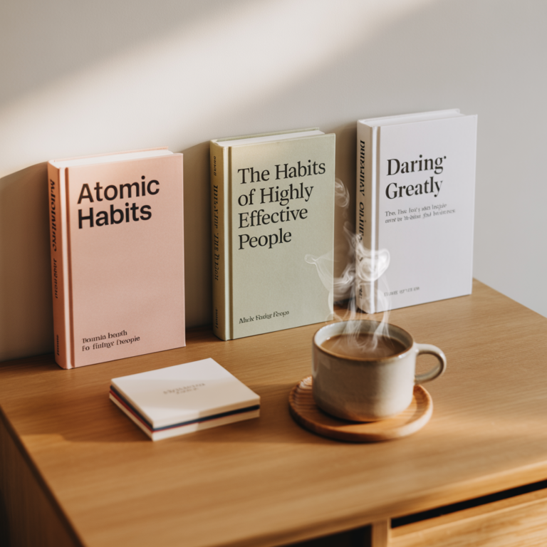 Popular self improvement books including Atomic Habits, The 7 Habits of Highly Effective People, and Daring Greatly on a desk with a journal and coffee.