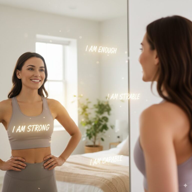 A confident young woman smiling at her reflection in the mirror, symbolizing self-belief and empowerment through positive affirmations for women.