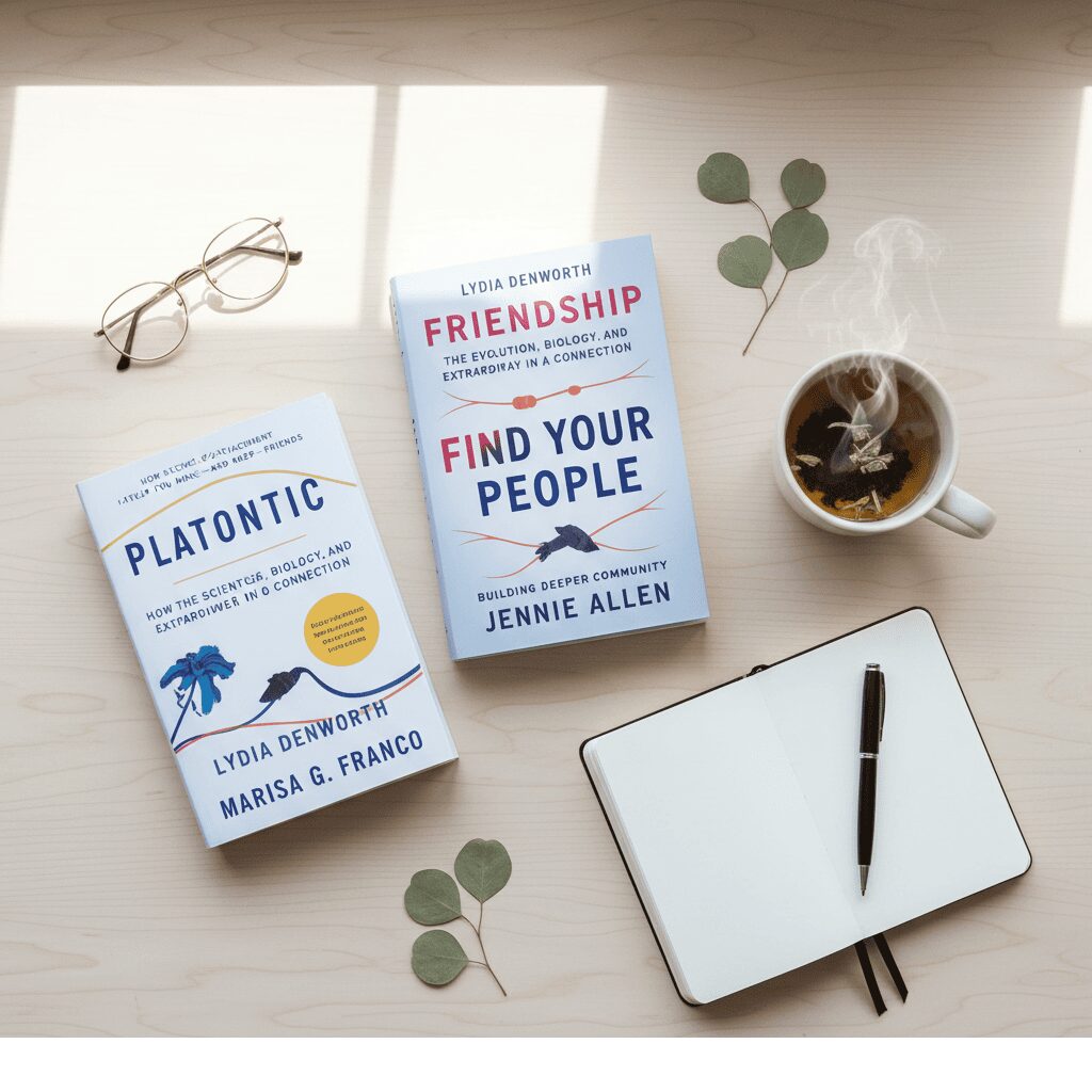 The best books on adult friendship: Platonic by Dr. Marisa G. Franco, Friendship by Lydia Denworth, and Find Your People by Jennie Allen.