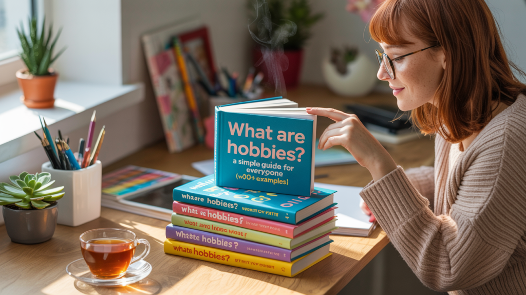 A woman reading a book titled What are hobbies with a stack of colorful guides on hobbies, exploring examples and definitions