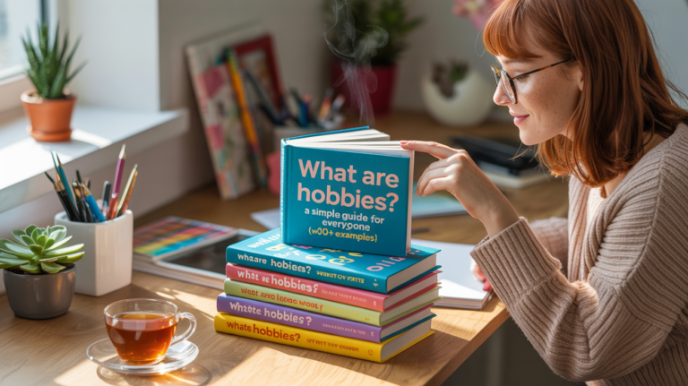 A woman reading a book titled What are hobbies with a stack of colorful guides on hobbies, exploring examples and definitions