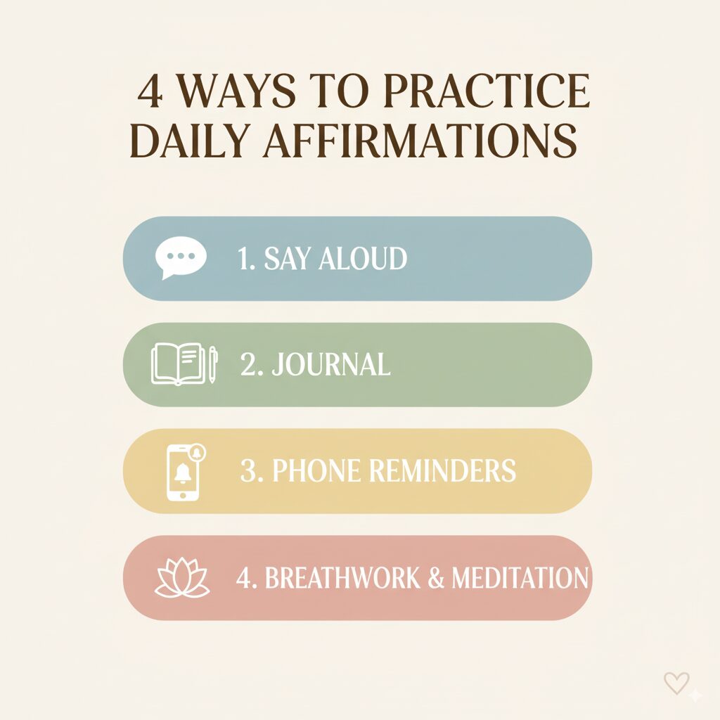 Infographic showing four simple methods to use positive affirmations: say aloud, write in a journal, set phone reminders, and pause to breathe.