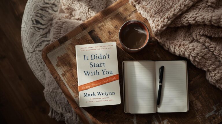It Didn’t Start With You book by Mark Wolynn on a wooden table with coffee, journal, and cozy blanket, symbolizing healing and self-reflection.