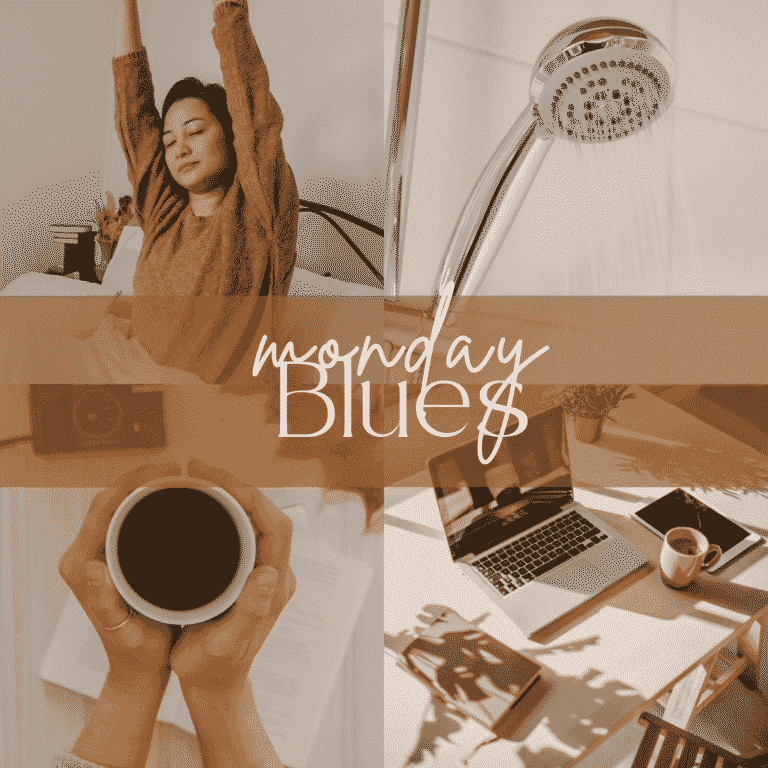 Lifestyle collage showing morning rituals like stretching, coffee, shower, and workspace setup — visual guide to overcoming the Monday blues with positive habits.
