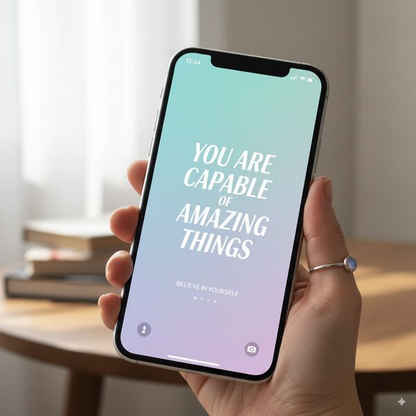 Phone screen showing a motivational affirmation that reads ‘You are capable of amazing things,’ representing quick power-ups with short and potent affirmations.