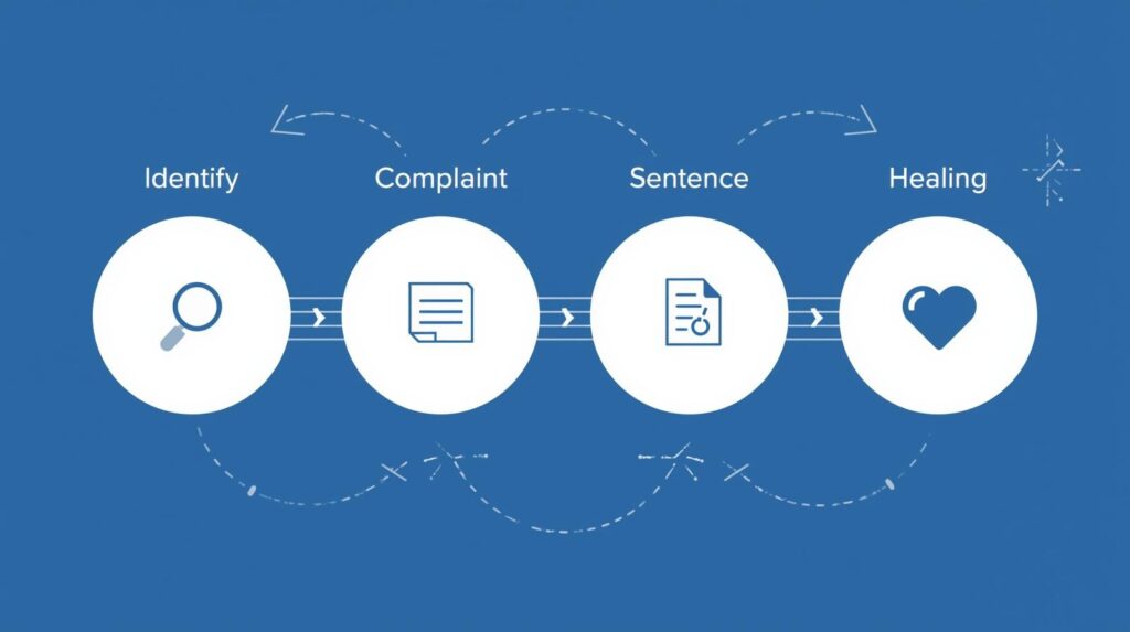 Diagram showing the healing process from trauma: Identify → Complaint → Sentence → Healing, representing steps from awareness to recovery.