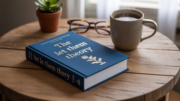 The book “The Let Them Theory” resting on a wooden table with a steaming cup of coffee, glasses, and a small plant in the background, creating a cozy reading atmosphere.
