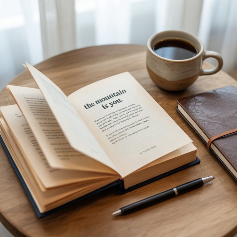 The Mountain Is You book by Brianna Wiest on a wooden table with coffee and journal – self improvement reading
