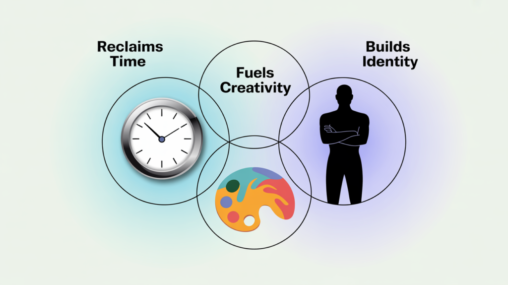 Venn diagram showing how the Let Them Theory reclaims time, fuels creativity, and builds identity, with icons of a clock, paint palette, and person silhouette.