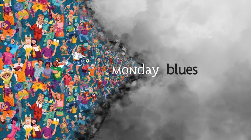 Illustration of Monday blues showing the contrast between weekend joy and the dull gray start of the workweek.
