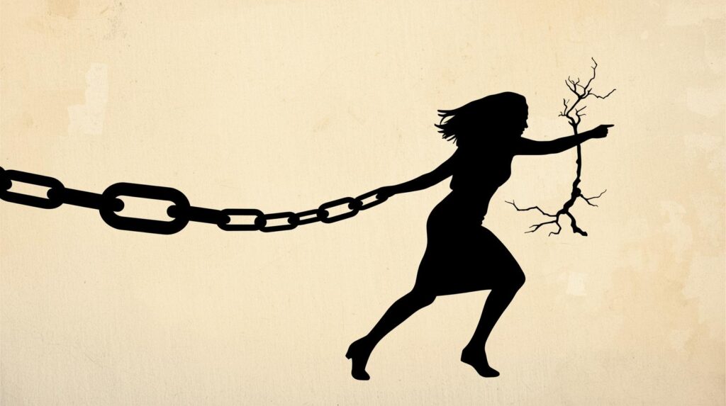Silhouette of a woman in high heels breaking free from heavy chains while holding a cracked tree branch, symbolizing strength, struggle, and liberation.