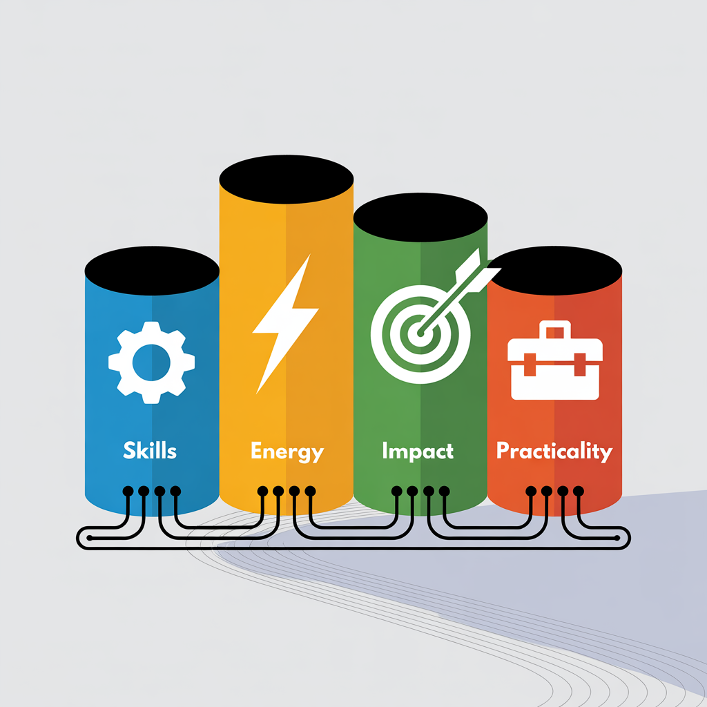 Four connected pillars with icons symbolizing skills, energy, impact, and practicality, illustrating the foundation for finding purpose in life.