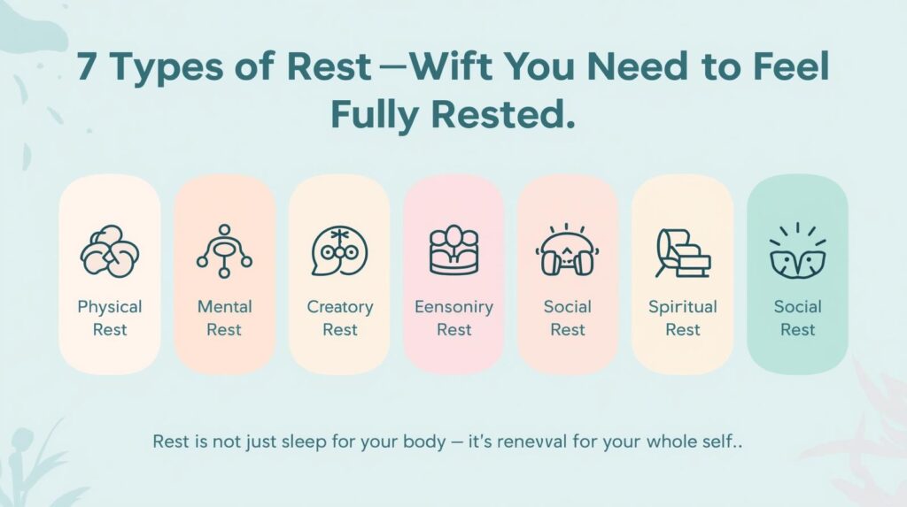 Infographic showing the 7 types of rest you need to feel truly refreshed, including physical, mental, sensory, creative, emotional, social, and spiritual rest, each with icons and short descriptions in a calming pastel design.
