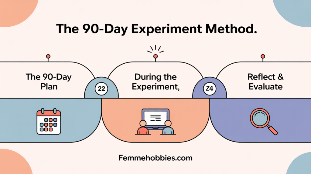 A pastel infographic showing “The 90-Day Experiment Method” with steps to learn, network, complete projects, and reflect after 3 months.