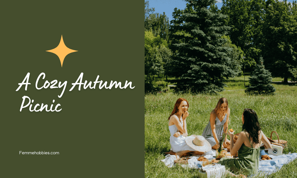 A cozy autumn picnic setup with a warm blanket, thermos of cider, and fall treats — capturing the essence of slow, mindful outdoor living.