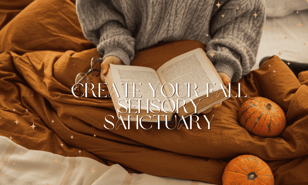 Cozy autumn reading setup with warm blankets, pumpkins, and an open book — creating a comforting fall sensory sanctuary.