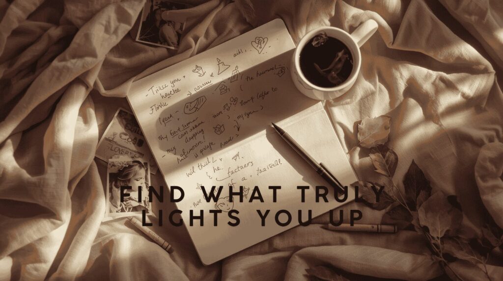 A cozy journal setup with a pen, coffee, and soft light, symbolizing self-reflection and rediscovering authentic life goals through the Soul Search Method.