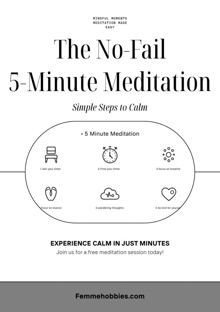 Minimalist infographic titled ‘The No-Fail 5-Minute Meditation’ showing simple steps to calm with icons for sitting posture, breathing, and relaxation techniques — FemmeHobbies.com