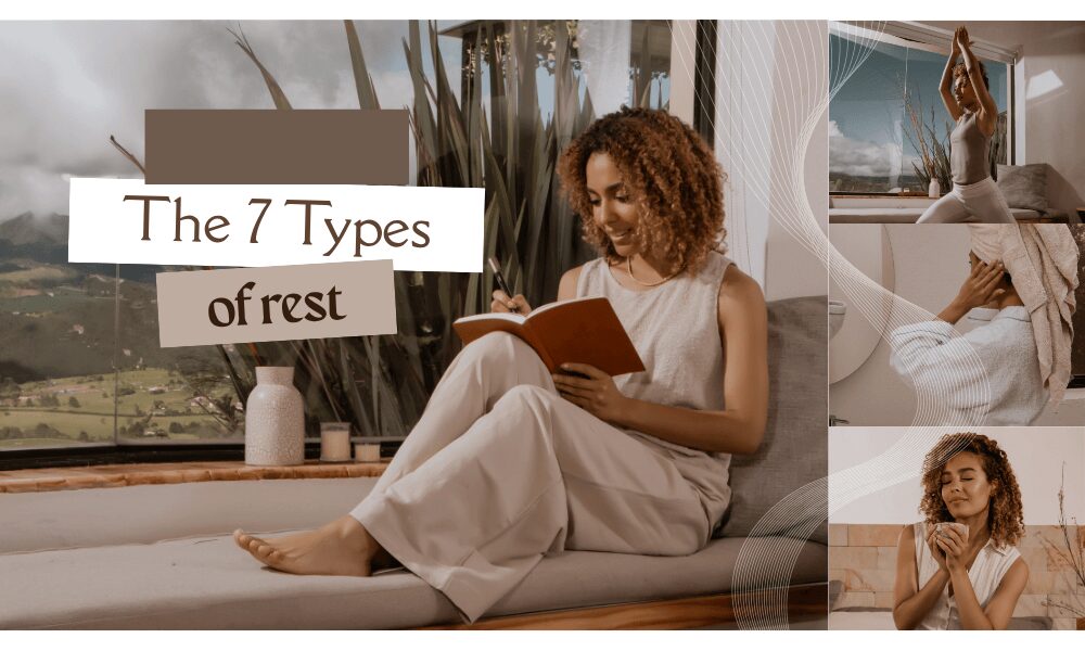 A calm woman journaling in a cozy, sunlit room, representing mindfulness and relaxation — a peaceful visual for the concept of the 7 Types of Rest.