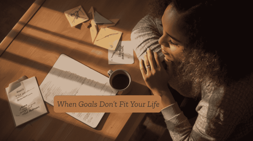 A thoughtful woman sits at a desk with a notebook, coffee, and crossed-out goals, reflecting on failed New Year’s resolutions and the pressure of unrealistic life goals.