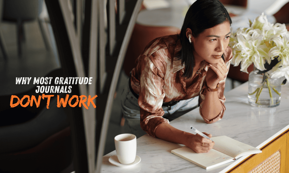Woman reflecting while writing in her Gratitude Journal, symbolizing why most gratitude journaling habits don’t work effectively.