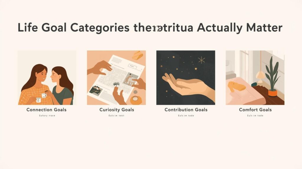 Minimalist pastel illustration showing four meaningful life goal categories — Connection, Curiosity, Contribution, and Comfort — each represented with calm, feminine visuals symbolizing authentic relationships, exploration, kindness, and inner peace.