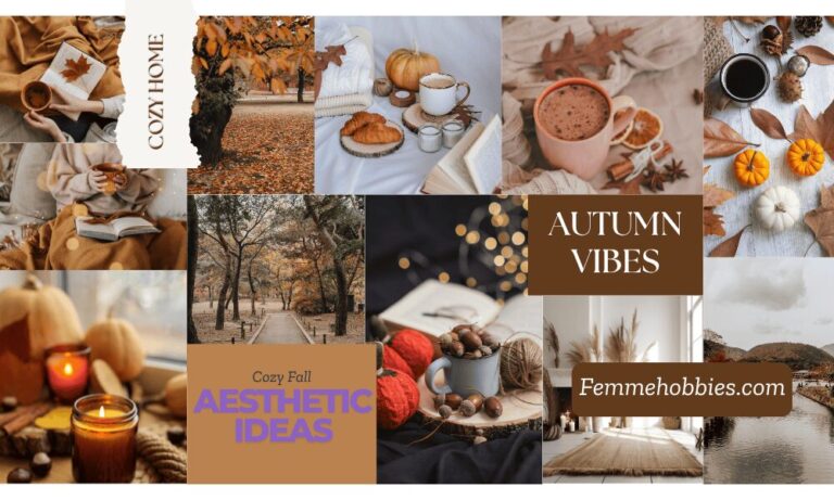 Cozy autumn mood board with pumpkins, candles, coffee mugs, and fall leaves — a visual inspiration for fun Fall Activities for adults.